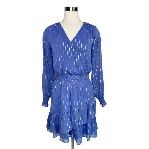 LAUNDRY BY SHELLI SEGAL Women's Foil Printed Chiffon Dress Size 6 BLUE - Picture 1 of 5